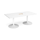 White rectangular Dams boardroom table with trumpet base and central cut-out, designed for professional office meeting spaces.
