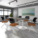 White Dams rectangular boardroom table with trumpet base and central cut-out for a modern office conference setting.