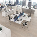 White Adapt Back to Back 4 Desk Cluster with Returns from Dams, showing interconnected desks with return sections and clean design.