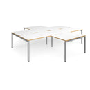White and oak Adapt Back to Back 4-desk cluster with returns, Dams office desk setup showing work surfaces and connecting panels.