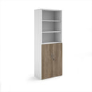 Dams Duo Combination Unit with open top in white and Nebraska oak finish, showcasing a modern storage and display solution.