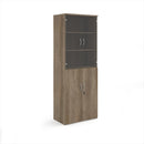 Dams Universal Combination Unit with glass upper doors in Nebraska Oak finish, showcasing wood grain and interior shelves.