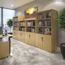 Dams deluxe combination unit with glass upper doors and oak finish, featuring storage compartments and shelves.