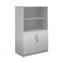 Dams Deluxe Combination Unit with glass upper doors in white, showcasing storage shelves and modern furniture design.