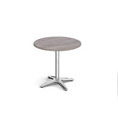 Dams Roma circular dining table with a chrome four-leg base and 800mm diameter, shown in a modern dining setting.