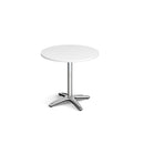 Roma circular dining table by Dams with a chrome four-leg base, 800mm diameter, featuring a sleek white tabletop.