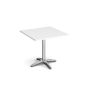 Roma square dining table by Dams with a 4-leg chrome base and 800mm top, shown in white.