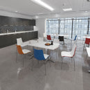 Roma square dining table by Dams with a chrome four-leg base and 800mm tabletop, showcasing a modern dining room setup.