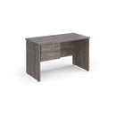 Beech Dams Maestro 25 straight desk with 600mm depth, fixed 2-drawer pedestal, and panel end leg for office workspace.