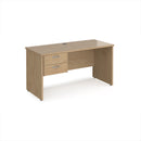 Dams Maestro 25 straight desk with beech finish, 600mm deep, fixed 2-drawer pedestal, and panel end leg.