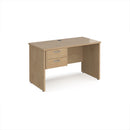Dams Maestro 25 straight desk with 600mm depth, fixed 2-drawer pedestal, panel end leg, and beech finish.