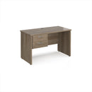 Dams Maestro 25 straight desk with beech finish, 600mm deep, fixed 2-drawer pedestal, and panel end leg.