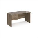 Dams Maestro 25 straight desk with beech finish, 600mm deep, fixed two-drawer pedestal, and panel end leg.