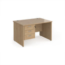 Dams Maestro 25 straight desk with 800mm depth, fixed 3-drawer pedestal, panel end leg, and beech finish.