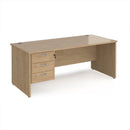 Dams Maestro 25 straight desk with beech finish, 800mm deep, fixed 3-drawer pedestal, and panel end leg in an office setting.