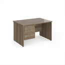 Dams Maestro 25 straight desk with beech finish, 800mm deep, fixed 3-drawer pedestal, and panel end leg in an office setting.