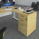 Dams desk high 3-drawer pedestal with 600mm depth and 800mm flyover top, featuring metal handles and modern office design.