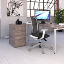 Grey oak Dams desk high 3-drawer pedestal with 600mm depth and 800mm flyover top, showcasing storage and workspace organization.