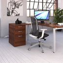 Dams walnut desk high 3-drawer pedestal with 600mm depth and 800mm flyover top, side view showing storage drawers