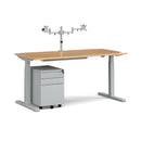Dams Elev8 Mono Sit-Stand Desk Bundle with double monitor arm, steel pedestal, and cable tray on a modern workspace setup