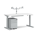 Dams Elev8 Mono sit-stand desk bundle with double monitor arm, steel pedestal, and cable tray, shown in white and black finish.