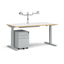 Dams Elev8 Mono sit-stand desk bundle with double monitor arm, steel pedestal, and cable tray for ergonomic workspace setup.