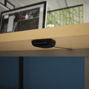 Close-up of Dams Elev8 Mono Sit-Stand Desk bundle with control panel, showcasing the steel pedestal, double monitor arm, and cable tray.