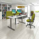 Dams Elev8 Mono sit-stand desk bundle with double monitor arm, steel pedestal, and cable tray, showing workspace setup and ergonomic features.