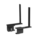 Pair of Dams black aluminium framed screen brackets designed to fit on the back of a desk for secure monitor support.