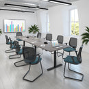 Dams Elev8 Touch Radial End Boardroom Table 2400mm in Grey Oak with a smooth, rounded edge design and modern office setting