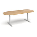 Dams Elev8 Touch Radial End Boardroom Table 2400mm in oak with black finish, showcasing smooth tabletop and modern design.