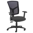 Black Dams Senza Mesh Back Operator Chair with adjustable armrests and ergonomic design, suitable for office use.