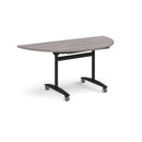Dams Semi Circular Deluxe Fliptop Meeting Table in Grey Oak finish, showing the fliptop mechanism and smooth surface.