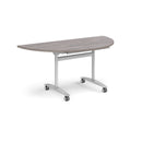 Semi-circular deluxe fliptop meeting table in grey oak finish by Dams, showcasing its smooth surface and modern design.