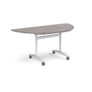 Semi circular Deluxe Fliptop Meeting Table in grey oak finish by Dams, showing its sleek fliptop design and modern grey oak surface.