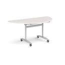 Semi circular Deluxe Fliptop Meeting Table by Dams in light grey, showing smooth fliptop surface and sturdy metal legs.