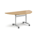 Semi circular deluxe fliptop meeting table in oak wood by Dams, showcasing its smooth fliptop mechanism and polished surface.