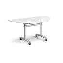 White semi-circular Dams Deluxe Fliptop Meeting Table with black legs, designed for versatile conference and meeting spaces.