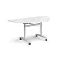 White semi-circular Deluxe Fliptop Meeting Table by Dams, showing smooth surface and fliptop mechanism for flexible meeting spaces.