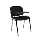 Dams Taurus meeting room chair with chrome frame and attached writing tablet, black upholstery, and ergonomic design.