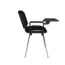Dams Taurus meeting room chair with chrome frame and attached writing tablet, black cushioned seat and backrest, side view