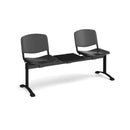 Black Taurus plastic bench seating by Dams, featuring a 3-wide design with 2 seats and a central table for outdoor or indoor use.