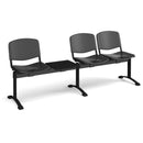 Black Taurus plastic bench seating by Dams with 3 seats and a built-in table, designed for outdoor or patio use.