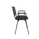 Dams Taurus plastic stackable meeting room chair with black frame and fixed arms, viewed from the side.