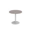 Dams Genoa circular dining table with grey oak finish and trumpet base, 800mm diameter, showcasing modern design and wood texture.