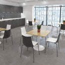 White Genoa circular dining table by Dams with a trumpet base, 800mm diameter, modern design for dining spaces.