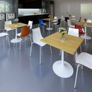 Dams Genoa circular dining table with white finish and trumpet base, 800mm diameter, shown in a modern dining room setting.