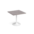 Grey oak Genoa square dining table with trumpet base by Dams, 800mm size, showing the modern table design.