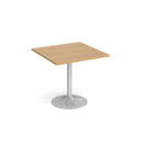 Dams Genoa square dining table with oak finish and trumpet base, 800mm size, showcasing modern wooden design and sturdy construction.