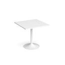 White Genoa square dining table with trumpet base by Dams, 800mm size, showcasing a sleek modern design.